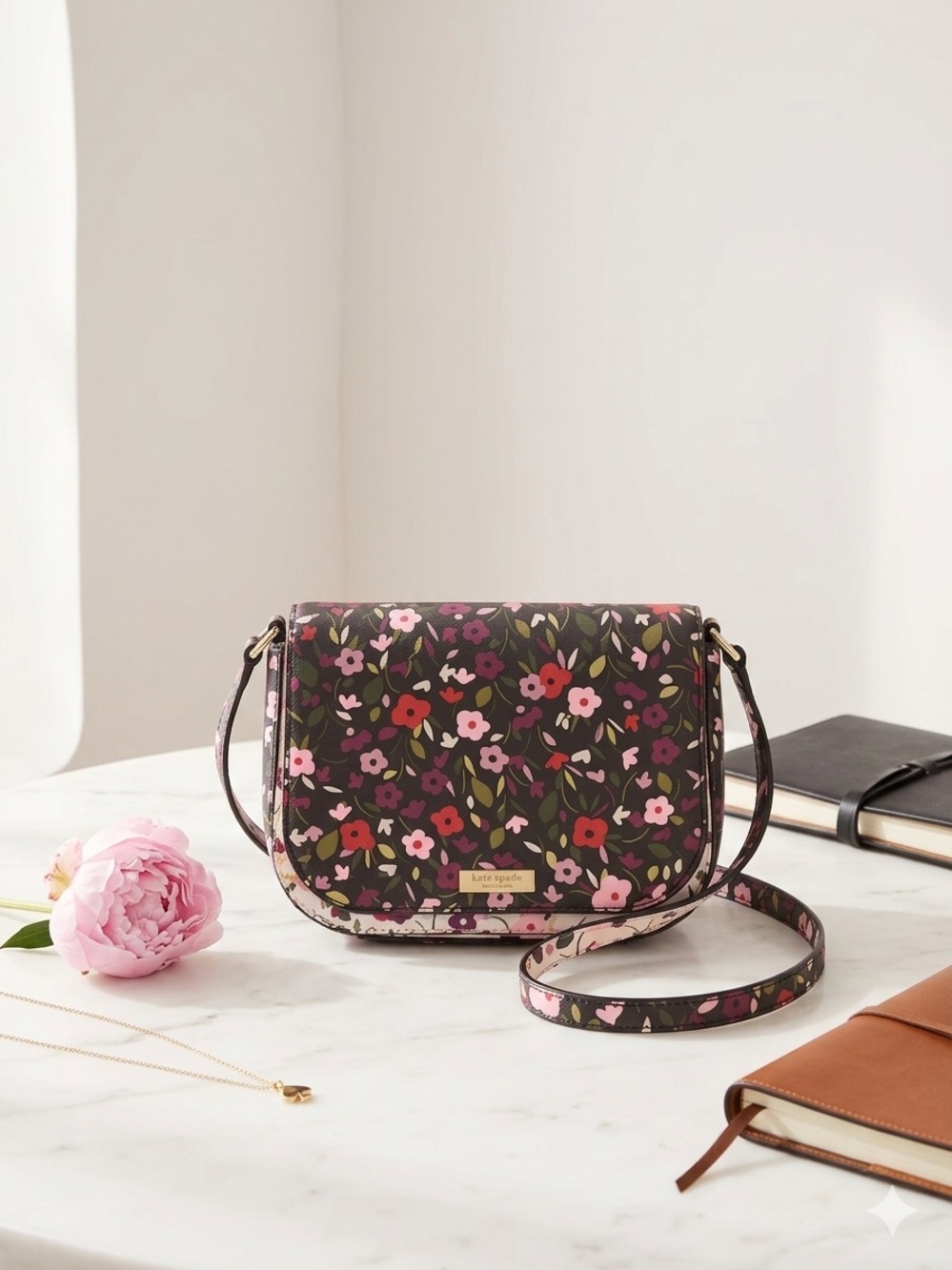 kate spade Brown Floral Crossbody with Pink and Red Blooms